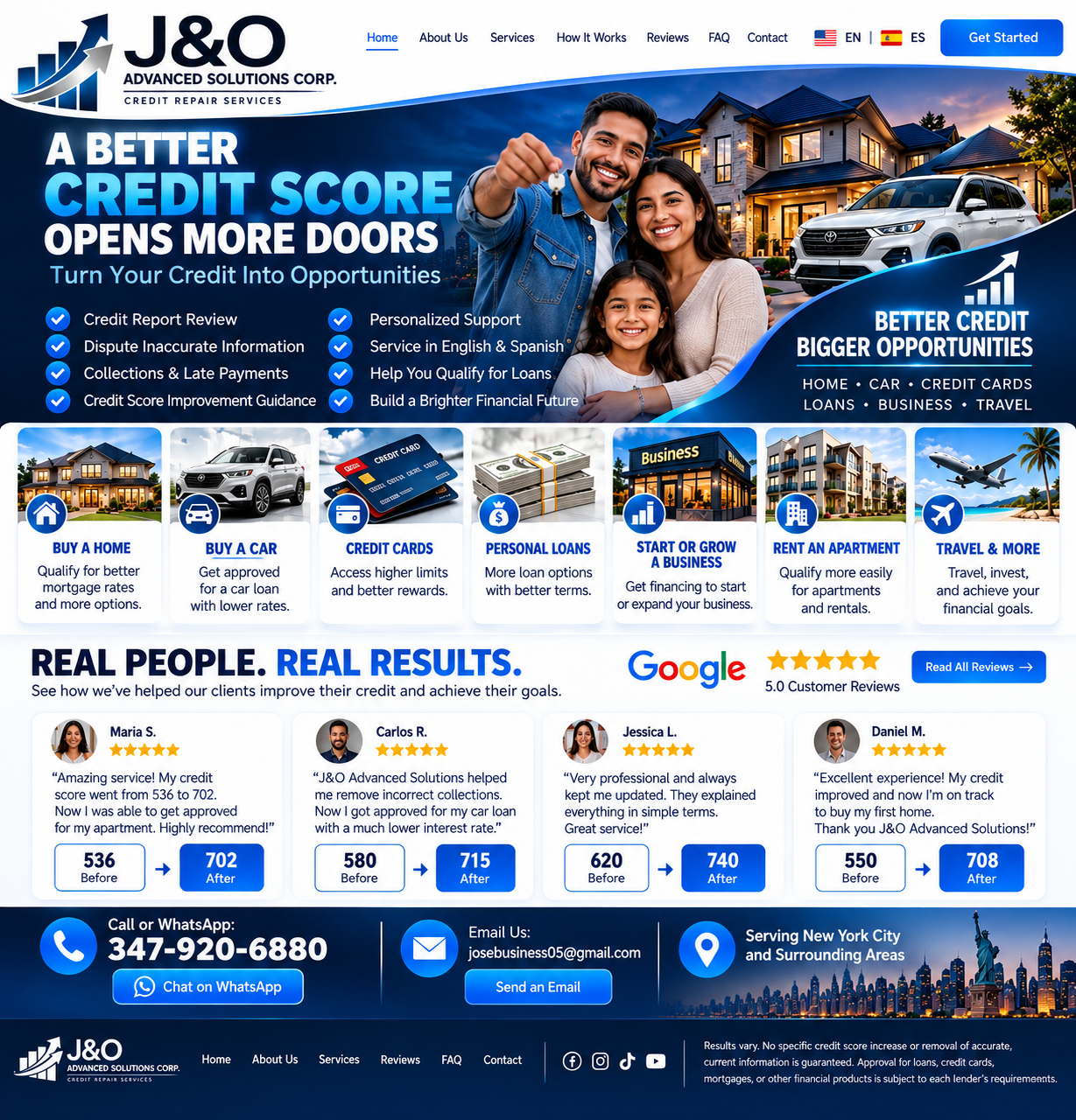 J&O Advanced Solutions Corp. credit repair website design showing services, customer testimonials, and contact information